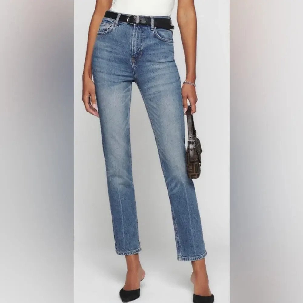 Reformation Jeans Liza Ultra High Rise Straight Jeans Malta Blue Size 24